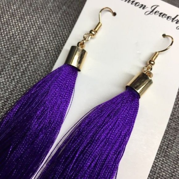 Long Dangle Pierced Earrings Purple Tassel Fringe Gold Retro BoHo - Picture 2 of 3